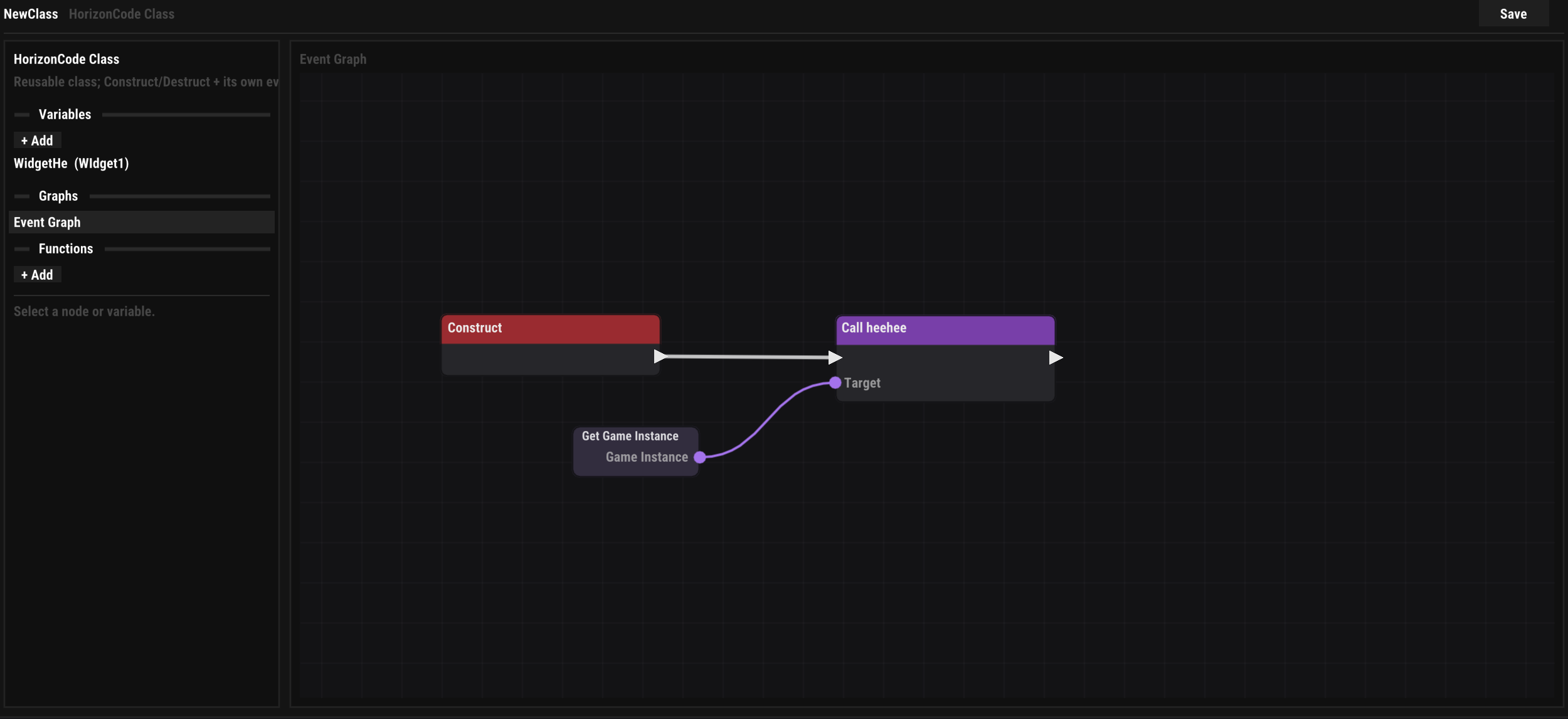 A HorizonCode Class event graph: Construct wired to a function call on the Game Instance