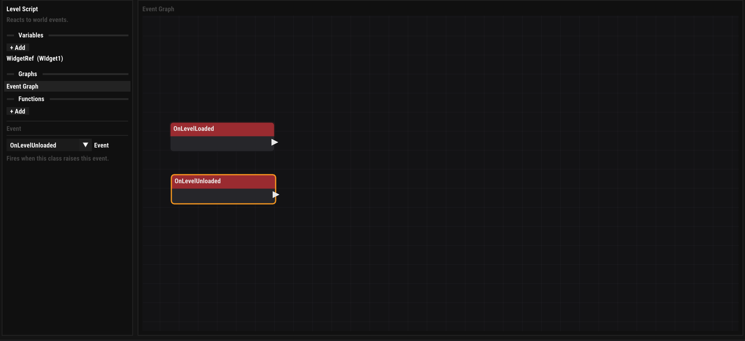 The Level Script editor with OnLevelLoaded and OnLevelUnloaded events