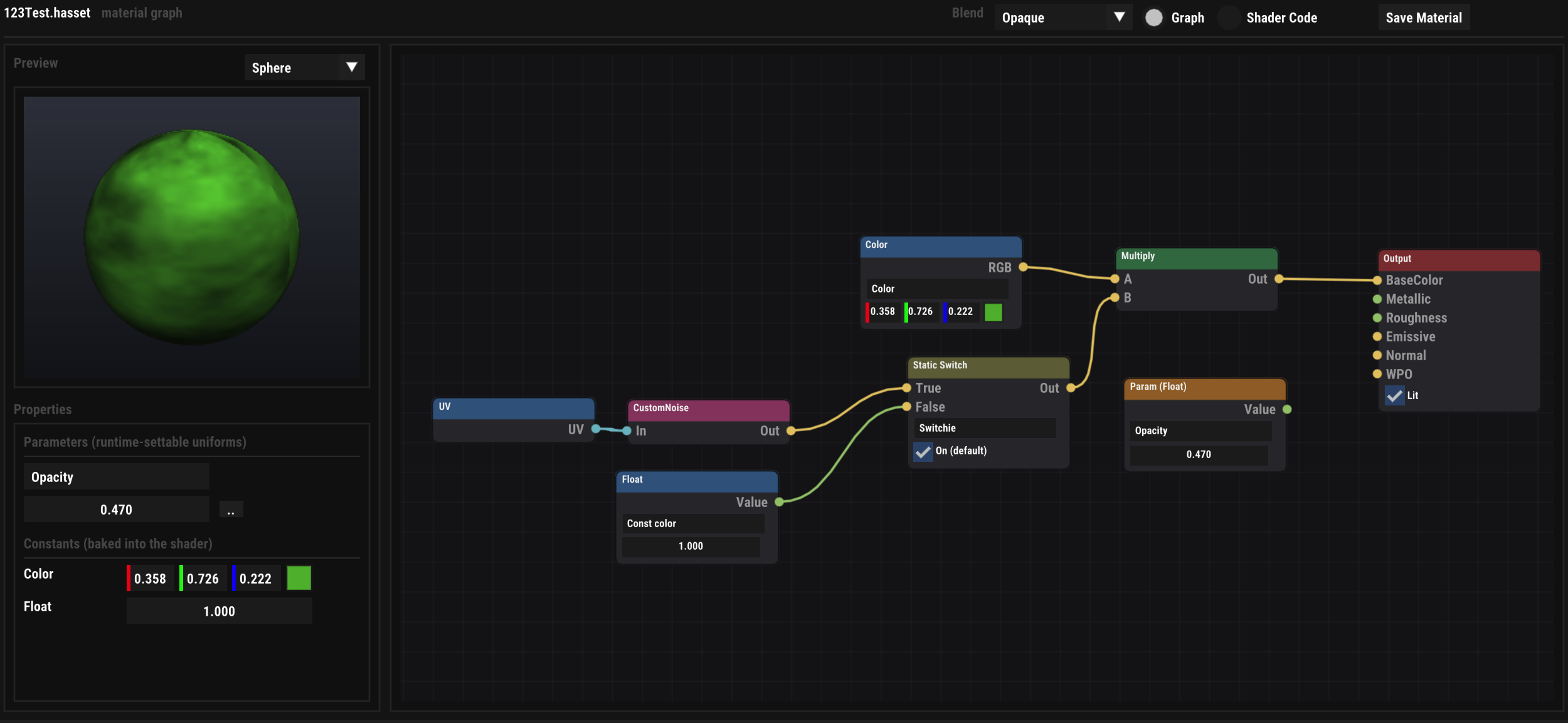 The material graph editor with live sphere preview, parameters and blend mode