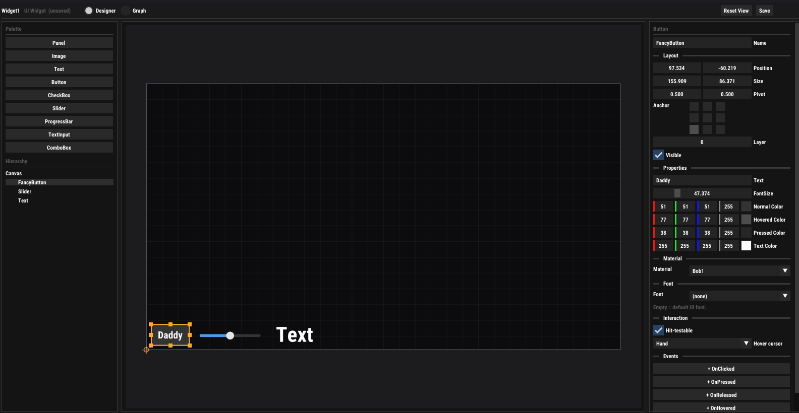 The UI Widget Designer tab: palette, WYSIWYG canvas and per-element details